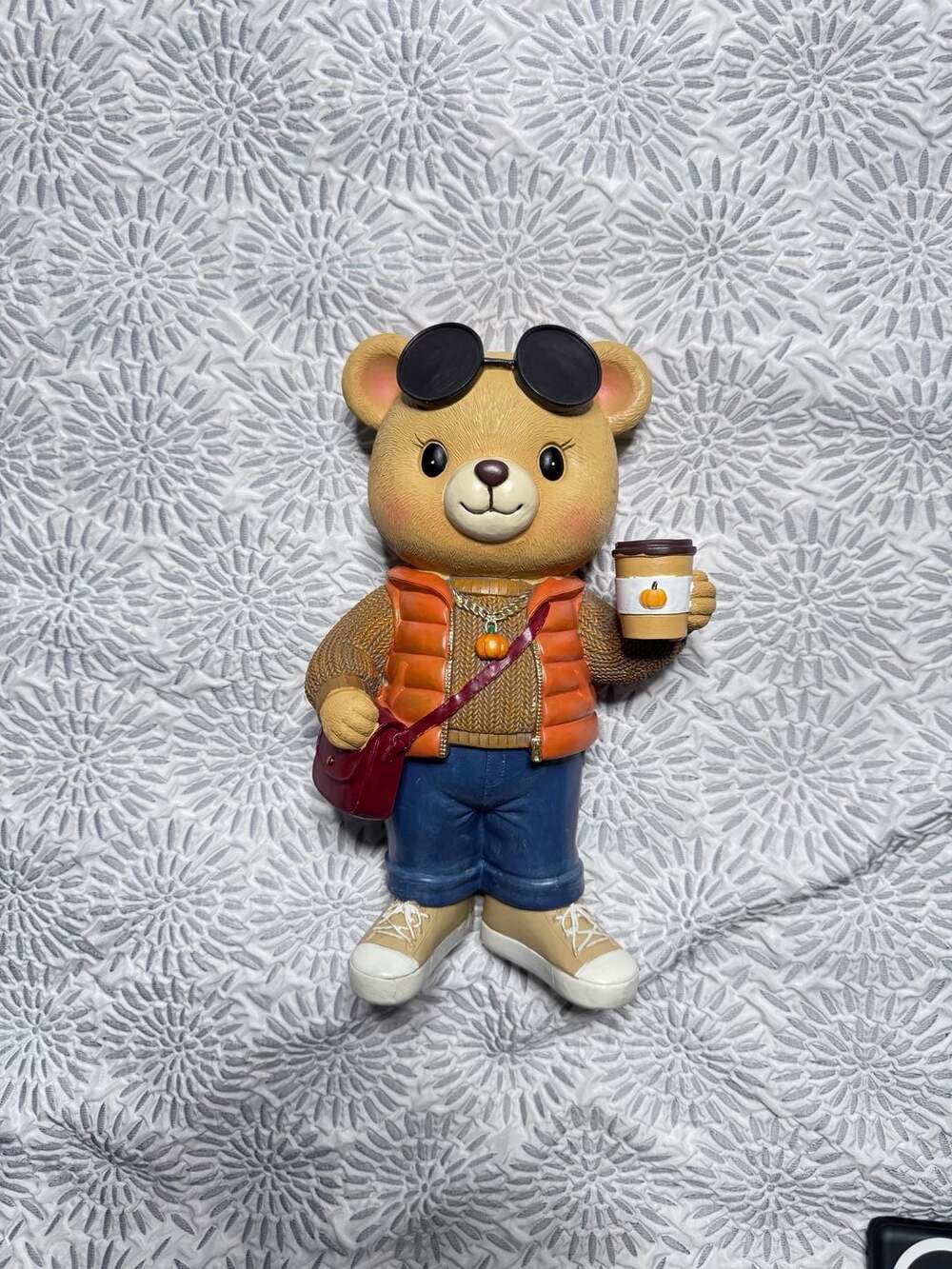 Fall Autumn Resin Bear Wearing Sunglasses Holding Coffee Cup 12” Figurine